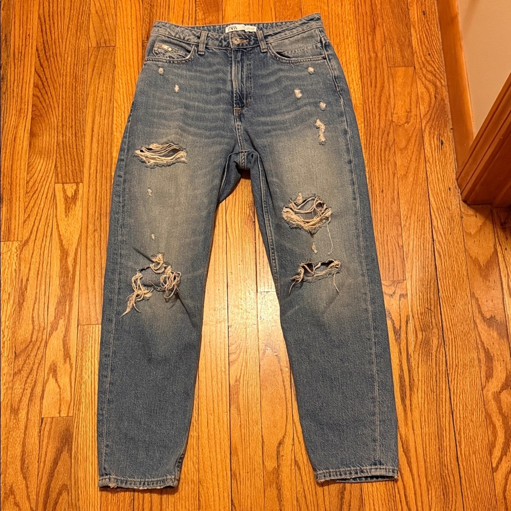 Zara Ripped Straight‎ Leg Jeans - Medium Blue